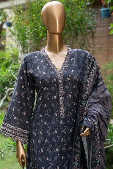 Printed Khaddar Shirt And Dupatta by A One Textile, BLACK