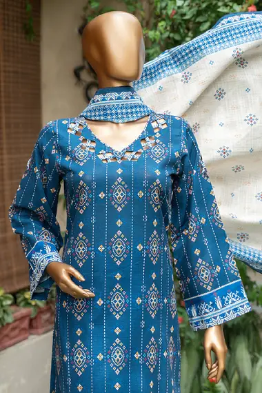 Printed Khaddar Shirt And Dupatta by A One Textile, Blue