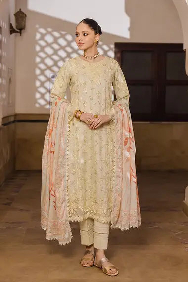 chikankari embroidered printed lawn front with printed lawn dupatta by aabyaan, Beige