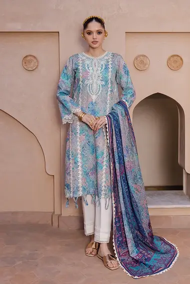 chikankari embroidered printed lawn front with printed lawn dupatta by aabyaan, CornflowerBlue