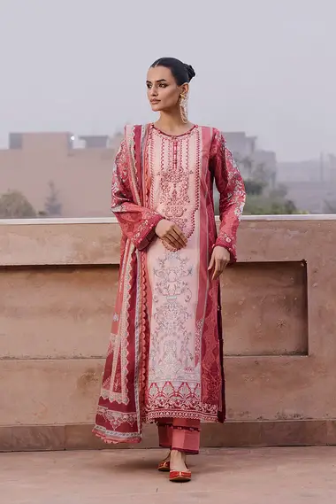 chikankari embroidered printed lawn front with printed lawn dupatta by aabyaan, Red