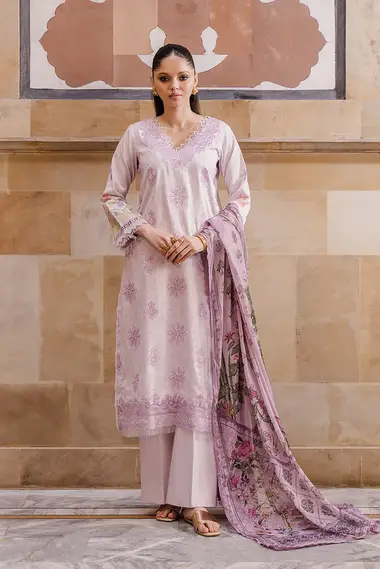 chikankari embroidered printed lawn front with printed lawn dupatta by aabyaan, Purple