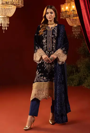 Embroidered Velvet Front And Plachi Shawl by ADANS LIBAS, Blue