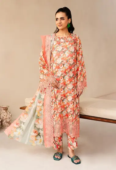 Digitally Printed Embroidered Lawn Front Chiffon Dupatta by ADANS LIBAS, Orange