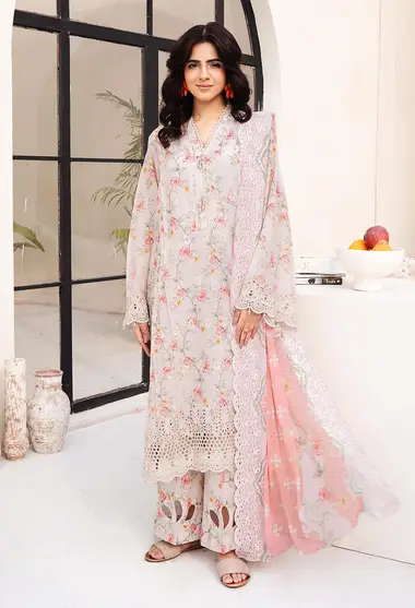 Digitally Printed Embroidered Lawn Front Chiffon Dupatta by ADANS LIBAS, Pink