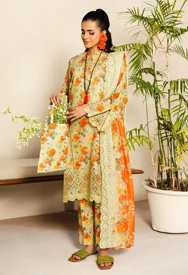 Digitally Printed Embroidered Lawn Front Chiffon Dupatta by ADANS LIBAS, yellow