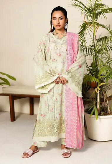 Digitally Printed Embroidered Lawn Front Chiffon Dupatta by ADANS LIBAS, Green