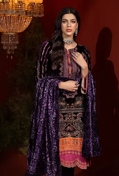 Embroidered Velvet Front And Plachi Shawl by ADANS LIBAS, Purple