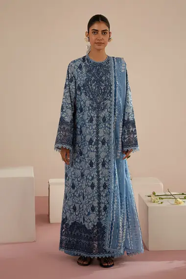 Embroidered lawn Shirt Silk Dupatta by AFROZEH, Blue