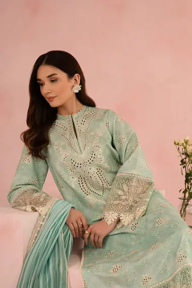 Embroidered lawn Shirt Silk Dupatta by AFROZEH, DarkSeaGreen