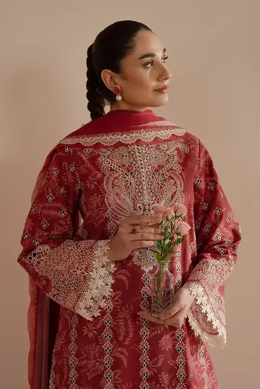 Embroidered lawn Shirt Silk Dupatta by AFROZEH, Red