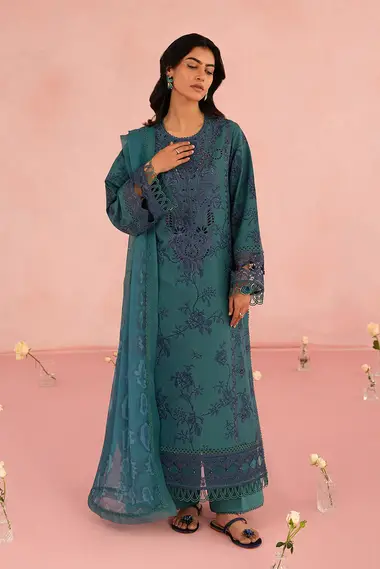 Embroidered lawn Shirt Silk Dupatta by AFROZEH, DarkGreen