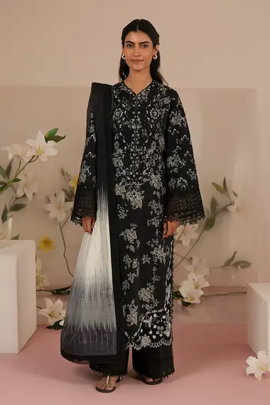 Embroidered lawn Shirt Silk Dupatta by AFROZEH, Black