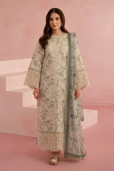 Embroidered lawn Shirt Silk Dupatta by AFROZEH, Grey