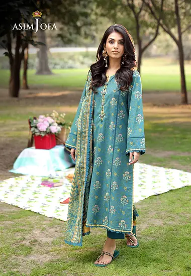 Digital Printed Lawn Shirt lawn dupatta by ASIM JOFA, Aqua