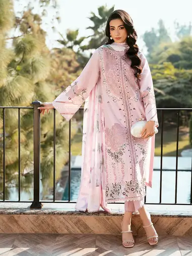 Embroidered Printed Silk Dupatta by BIN ILYAS, Pink