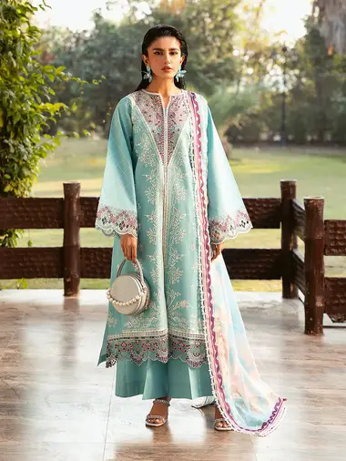 Embroidered Front  Printed Silk Dupatta by BIN ILYAS, CornflowerBlue