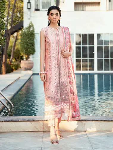 Embroidered Front Printed Silk Dupatta by BIN ILYAS, Pink