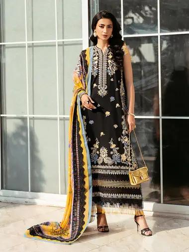 Embroidered Front Printed Silk Dupatta by BIN ILYAS, Black