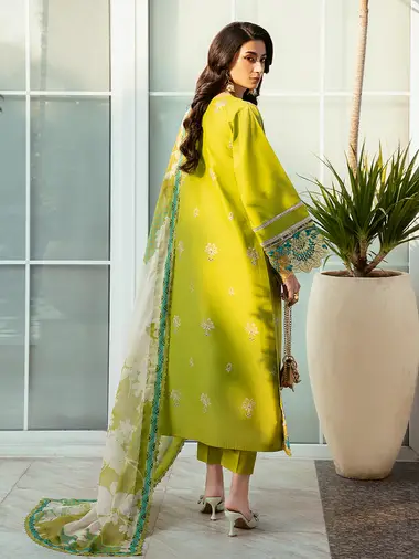 Embroidered Front  Printed Silk Dupatta by BIN ILYAS, GreenYellow