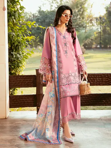 Embroidered Front  Printed Silk Dupatta by BIN ILYAS, Pink