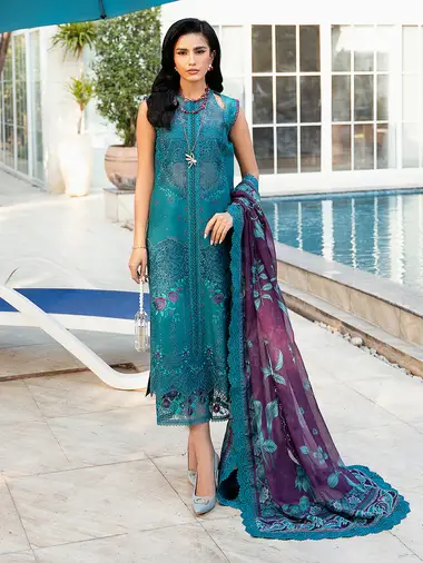 Embroidered Front  Printed Silk Dupatta by BIN ILYAS, CadetBlue