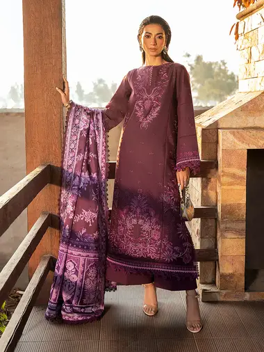 Embroidered Front  Printed Silk Dupatta by BIN ILYAS, RebeccaPurple