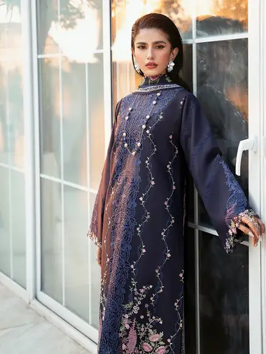 Embroidered Front Printed Silk Dupatta by BIN ILYAS, Blue