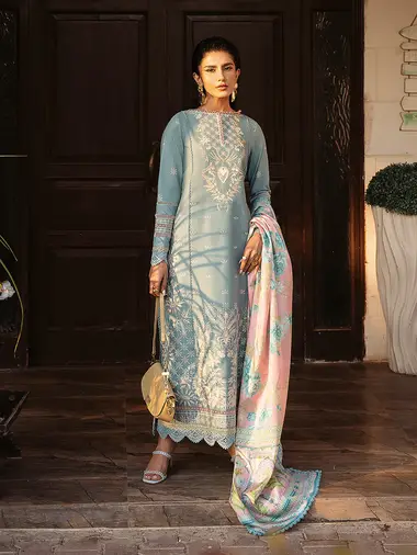 Embroidered Front Printed Silk Dupatta by BIN ILYAS, AliceBlue