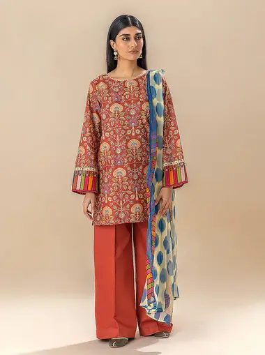 printed lawn shirt with printed blended chiffon dupatta mb5s23u32 by beechtree, OrangeRed