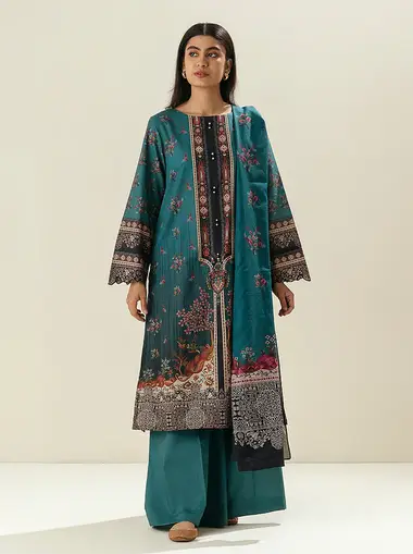 printed lawn shirt with printed lawn dupatta mb5s24u27 by beechtree, DarkGreen