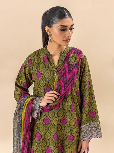 printed viscose shirt with printed blended chiffon dupatta mb5s23u33 by beechtree, DarkOliveGreen