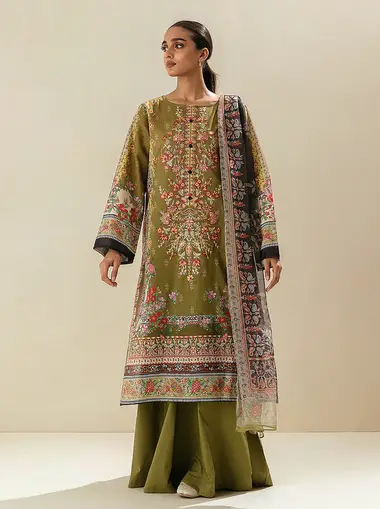 printed lawn embroidered shirt with printed blended chiffon dupatta mb5s23u22 by beechtree, DarkOliveGreen