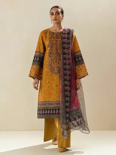 printed lawn embroidered shirt with printed blended chiffon dupatta mb5s23u23 by beechtree, DarkGoldenRod