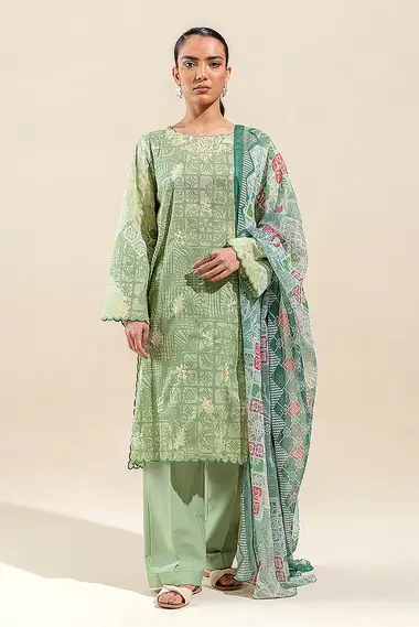 printed lawn embroidered shirt with printed blended chiffon dupatta bt1s24u34 by beechtree, DarkSeaGreen