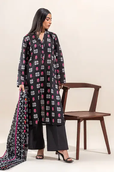 printed lawn shirt with printed lawn dupatta bt1s24u72 by beechtree, Black