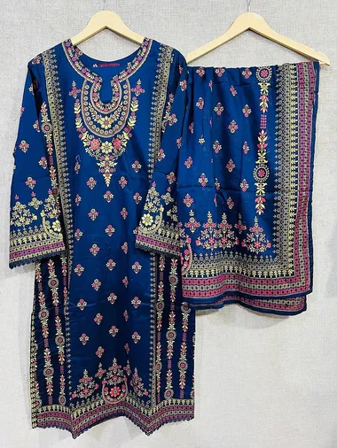 digital printed lawn shirt with digital printed lawn dupatta by bin saeed, Blue