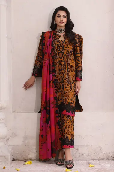 Printed Linen Front And Embroidery Shawl by CHARIZMA, Orange