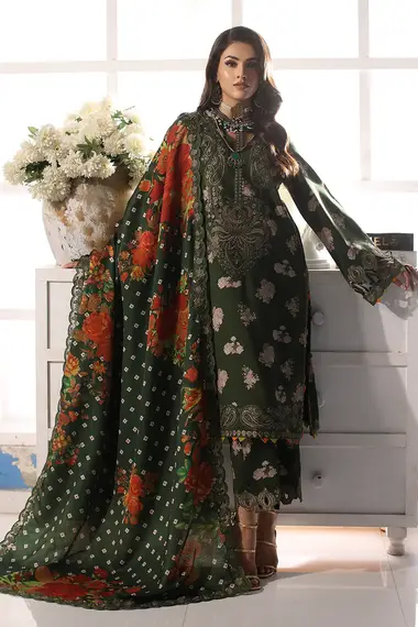 Printed Linen Front And Embroidery Shawl by CHARIZMA, Green