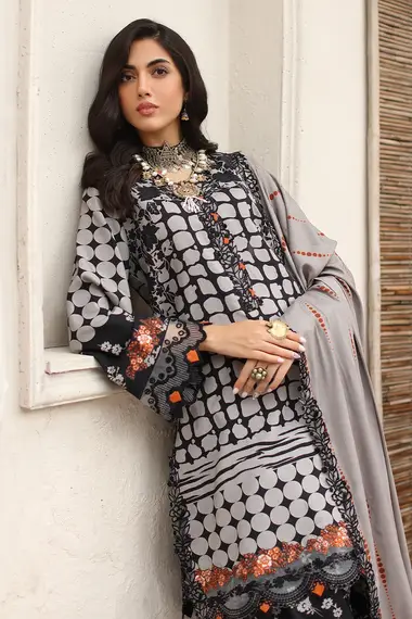 Printed Linen Front And Embroidery Shawl by CHARIZMA, Grey