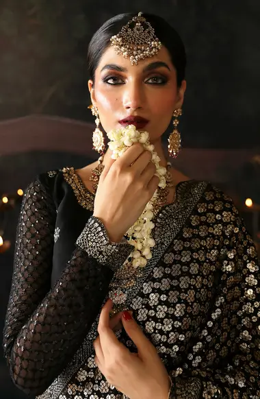 embroidered front and back blouse with embroidered sari dupatta by emaan adeel, Black