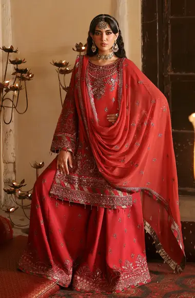 embroidered hand made front with chiffon embroidered dupatta by emaan adeel, Coral