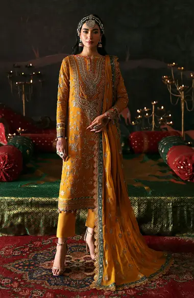 embroidered hand made front chiffon dupatta by emaan adeel, Gold