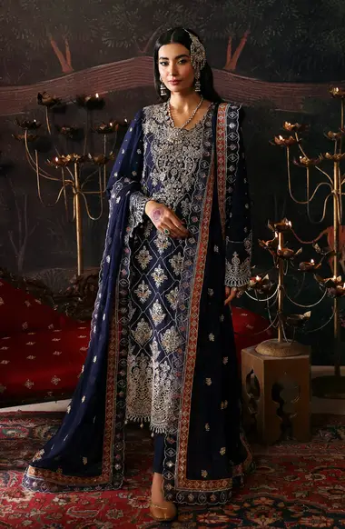 embroidered hand made front with organza embroidered dupatta by emaan adeel, DarkBlue