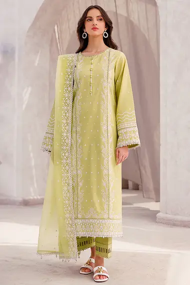 Embroidered Lawn Front Cotton  Dupatta by FARASHA, DarkOliveGreen