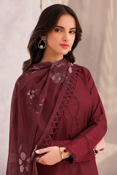 Embroidered Lawn Front Chiffon Dupatta by FARASHA, DarkRed