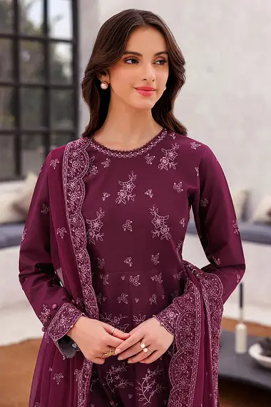 Embroidered Lawn Front  Chiffon Dupatta by FARASHA, Purple