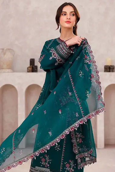 Embroidered Lawn Front Chiffon Dupatta by FARASHA, DarkGreen