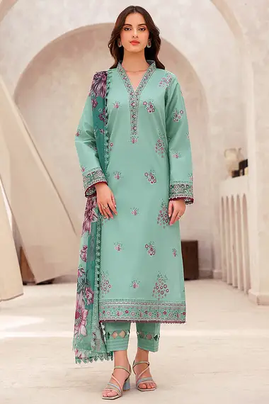 Embroidered Lawn Front  Chiffon Dupatta by FARASHA, DarkSeaGreen