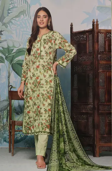 Printed Khaddar Shirt Printed Lawn Dupatta by GUL AHMED, DarkSeaGreen